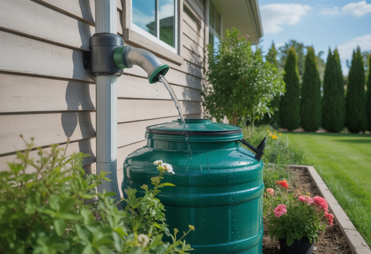 Harvesting Rainwater for Landscapes: Efficient Water Management and Sustainable Gardening Techniques - PlantNative.org Rainwater collection system with a rain barrel next to a house, surrounded by green plants and a lawn.