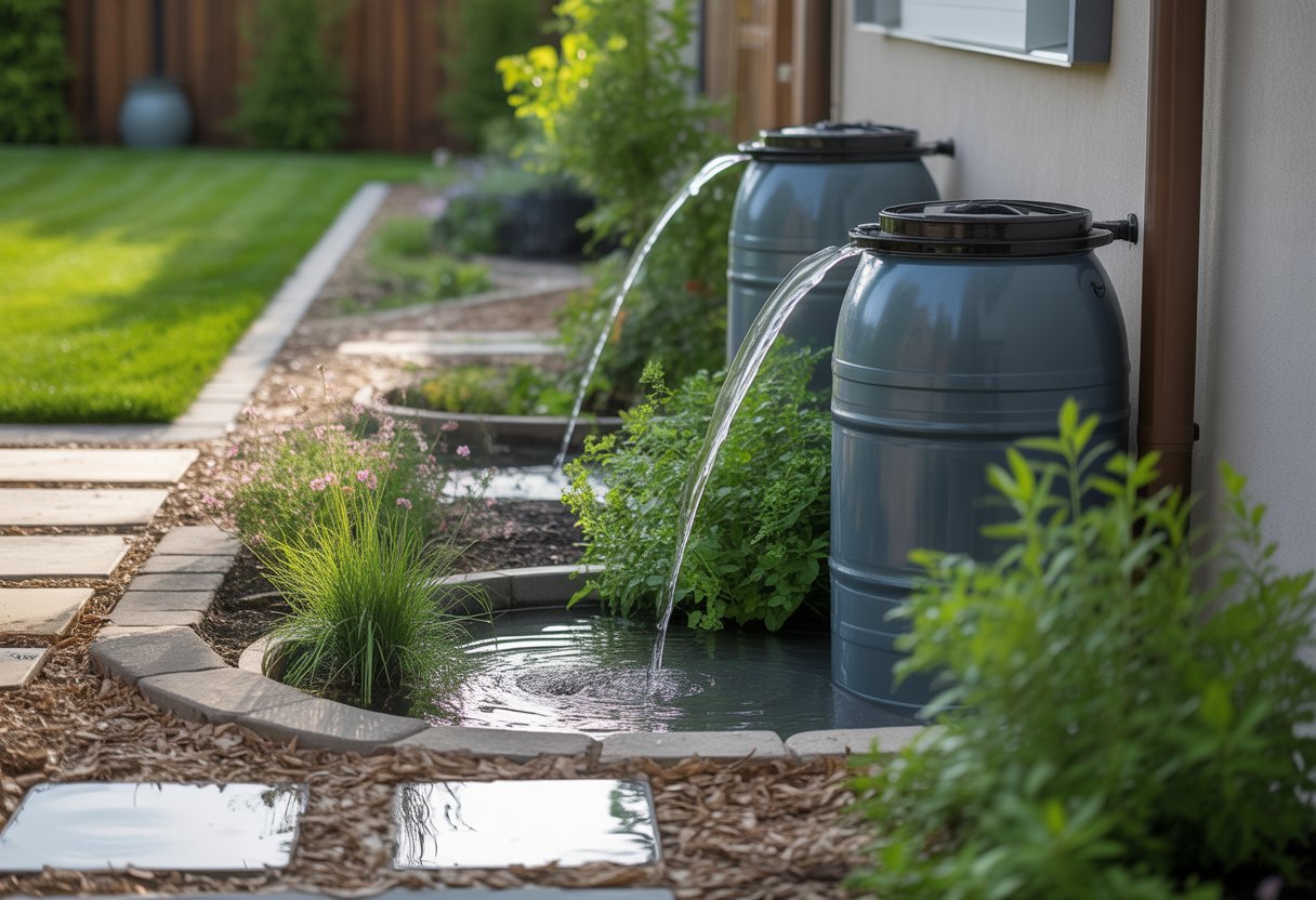 Harvesting Rainwater for Landscapes: Efficient Water Management and Sustainable Gardening Techniques - PlantNative.org A residential garden with rainwater collection barrels, lush plants, and a rain garden capturing runoff water.