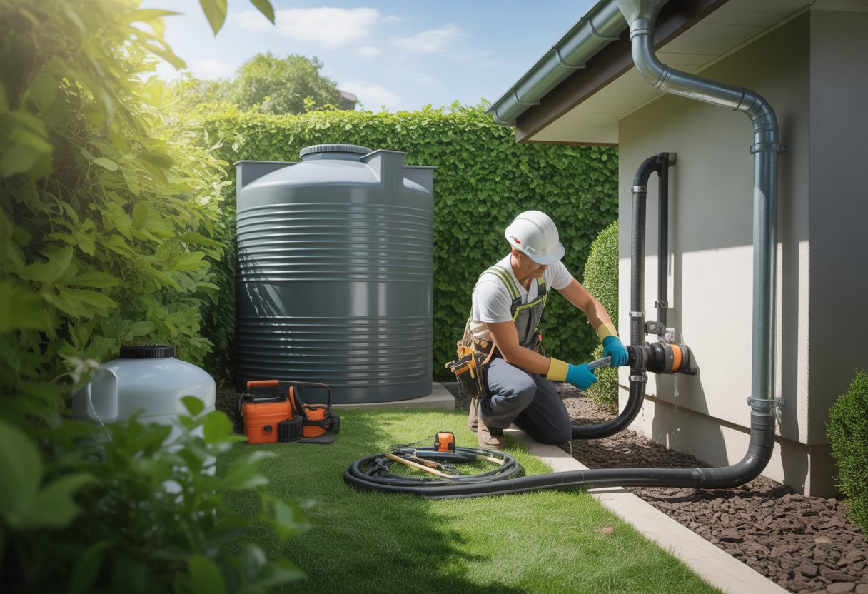 Harvesting Rainwater for Landscapes: Efficient Water Management and Sustainable Gardening Techniques - PlantNative.org Technician in safety gear installing a rainwater harvesting system next to a storage tank in a garden landscape.