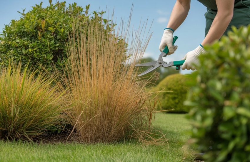 A gardener cutting back tall ornamental grasses in a sunny garden with green shrubs and lawn.