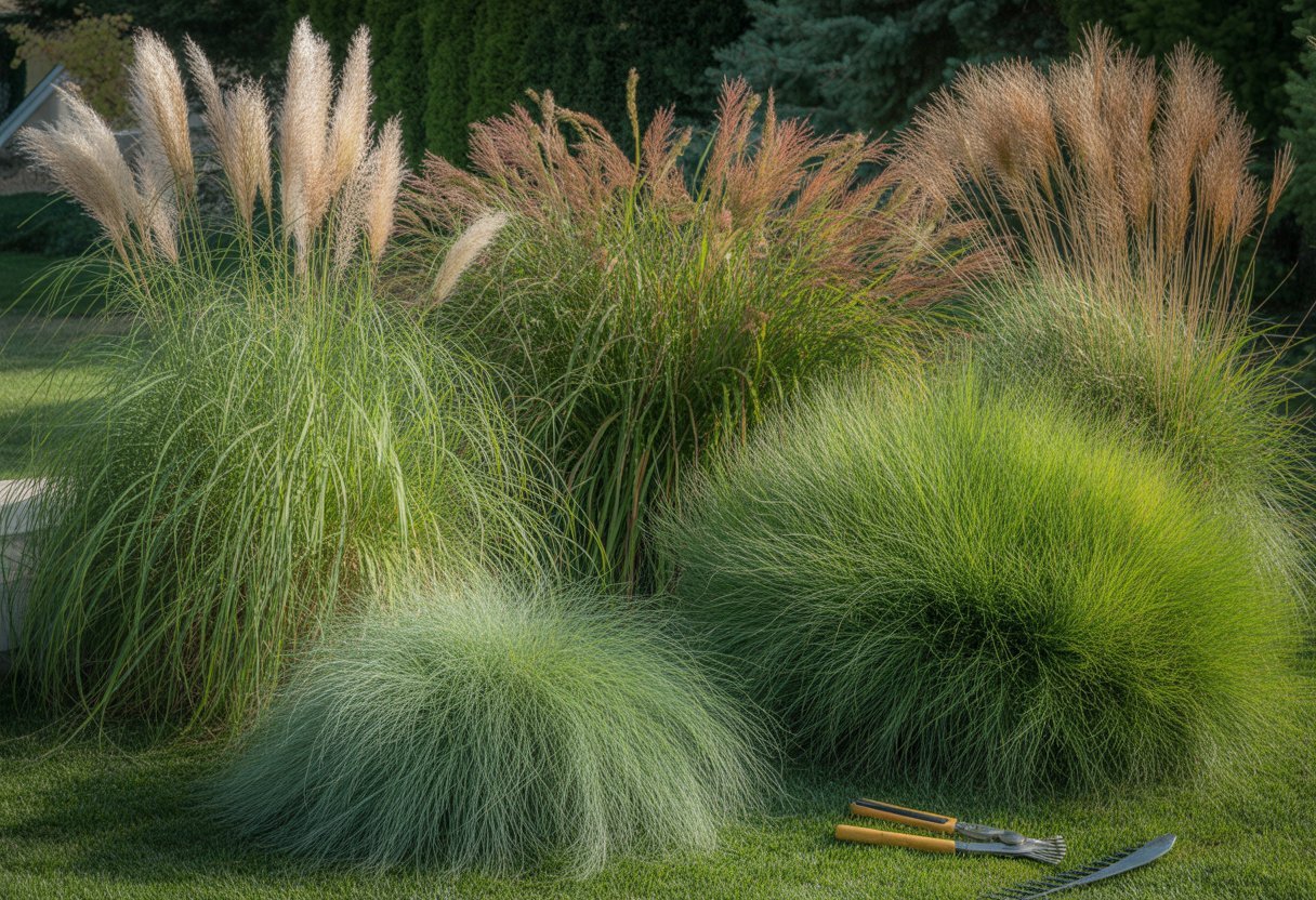 When to Cut Back Grasses for Healthier Growth and Maintenance - PlantNative.org A garden scene showing different types of ornamental grasses at various growth stages with gardening tools nearby.