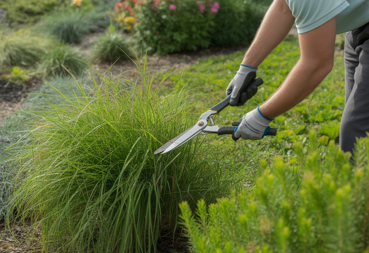 When to Cut Back Grasses for Healthier Growth and Maintenance - PlantNative.org A gardener cutting back healthy ornamental grasses in a vibrant garden filled with various plants and flowers.