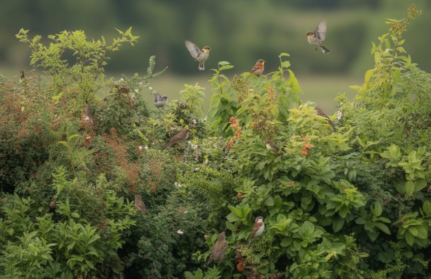 A dense native hedgerow with green shrubs and small trees, several small birds perched on branches and flying nearby.