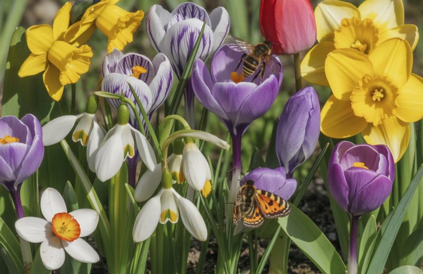 A garden with blooming spring flowers including crocuses, snowdrops, daffodils, and tulips with bees and butterflies visiting the blossoms.