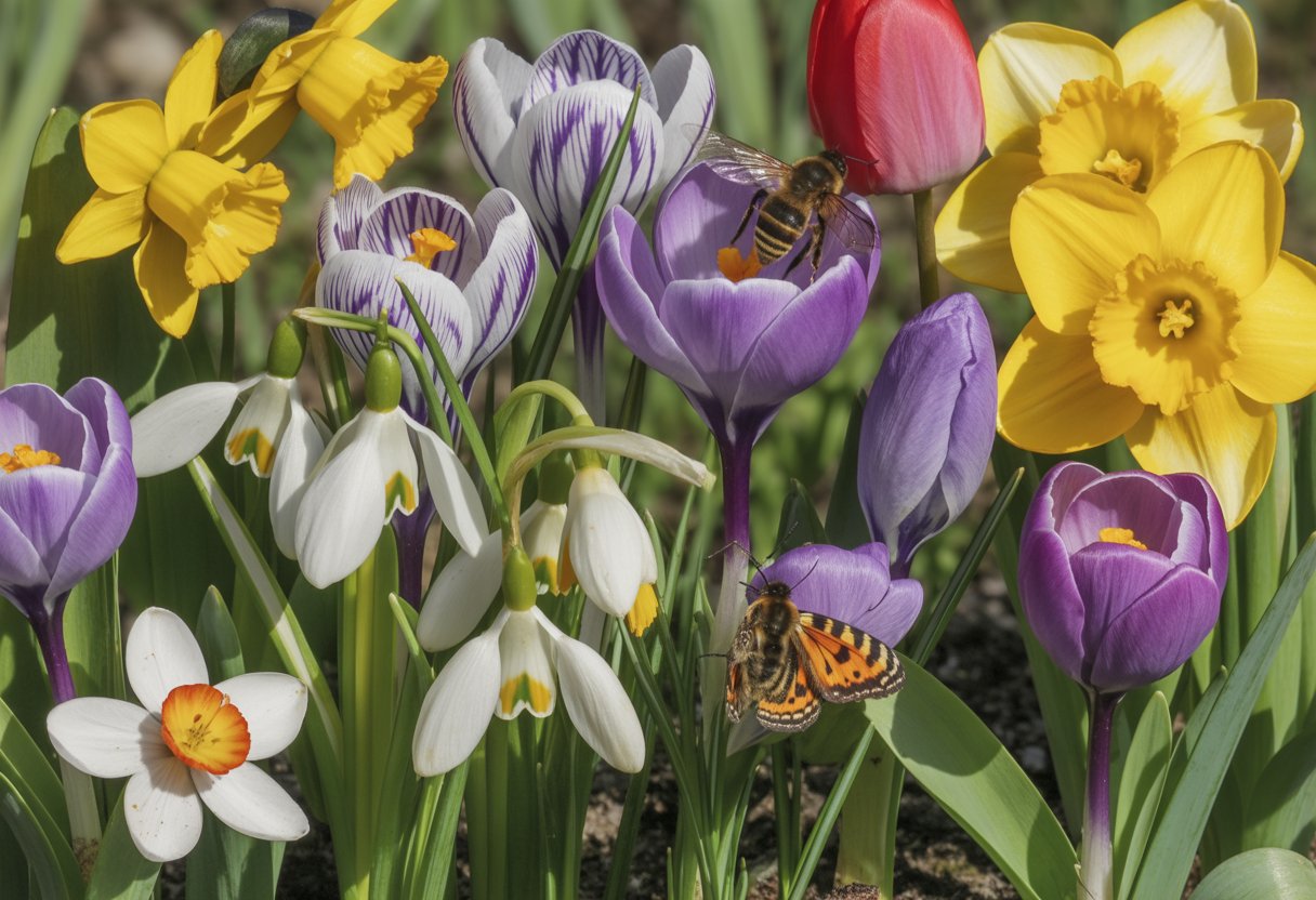 A garden with blooming spring flowers including crocuses, snowdrops, daffodils, and tulips with bees and butterflies visiting the blossoms.