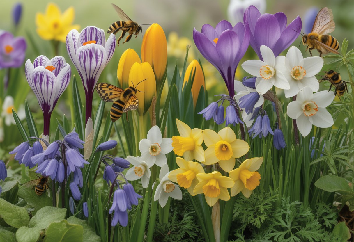A garden with blooming spring bulbs and flowers visited by bees and butterflies.