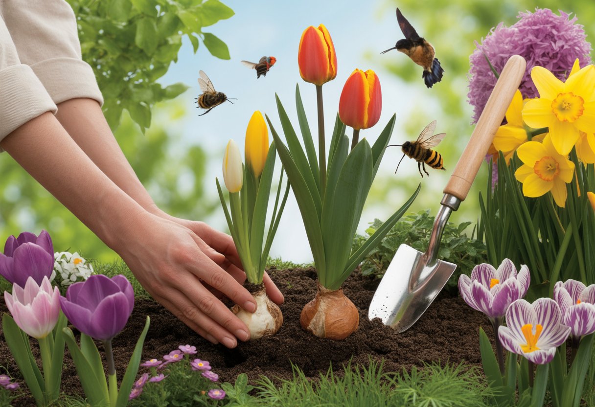 Hands planting colorful spring bulbs in soil with blooming flowers and pollinators like bees and butterflies in a sunny garden.