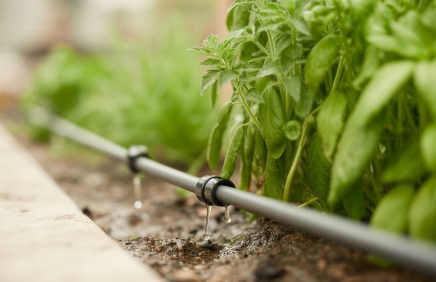 Close-up of a garden bed with drip irrigation tubing watering healthy green plants.