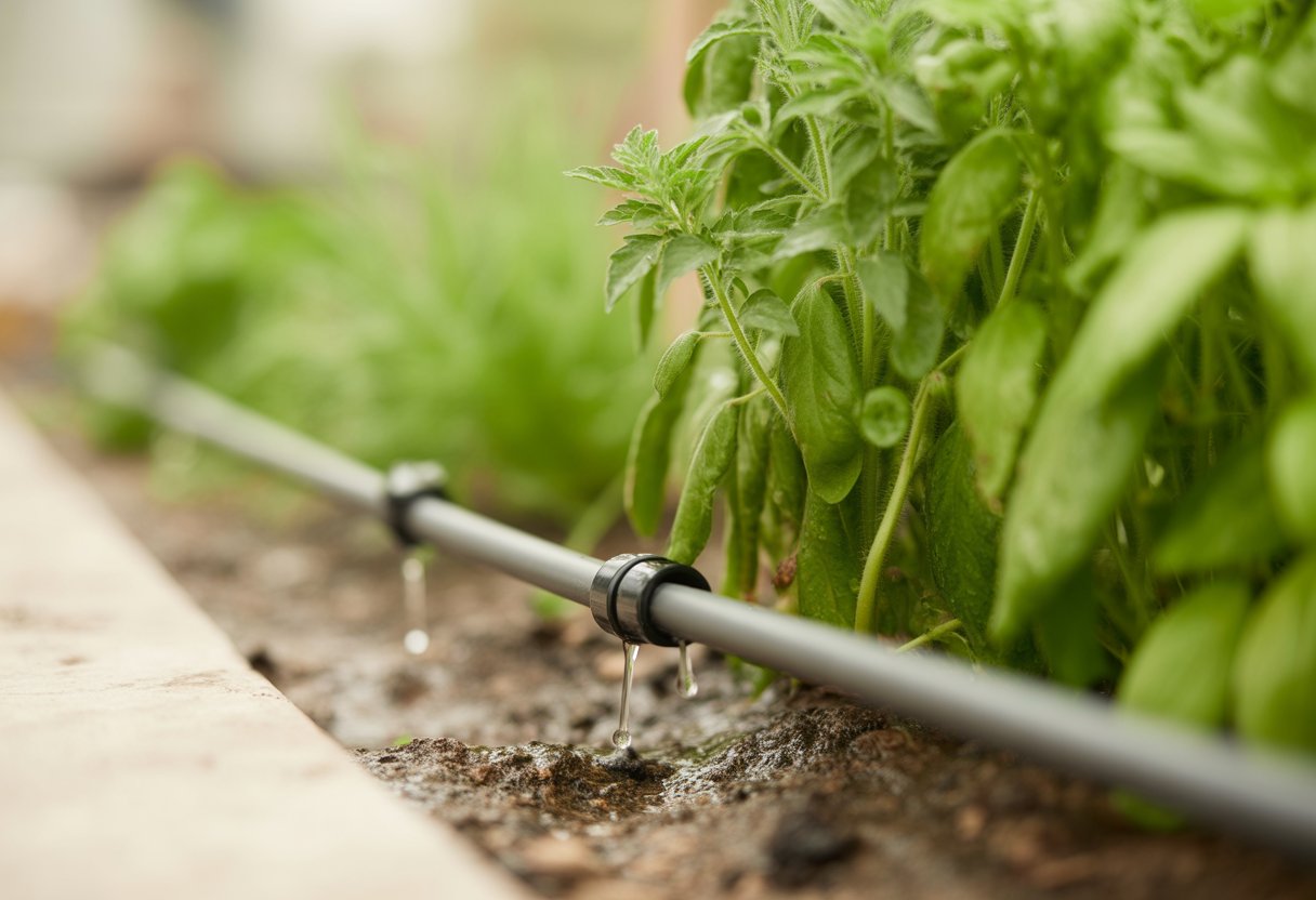 Close-up of a garden bed with drip irrigation tubing watering healthy green plants.