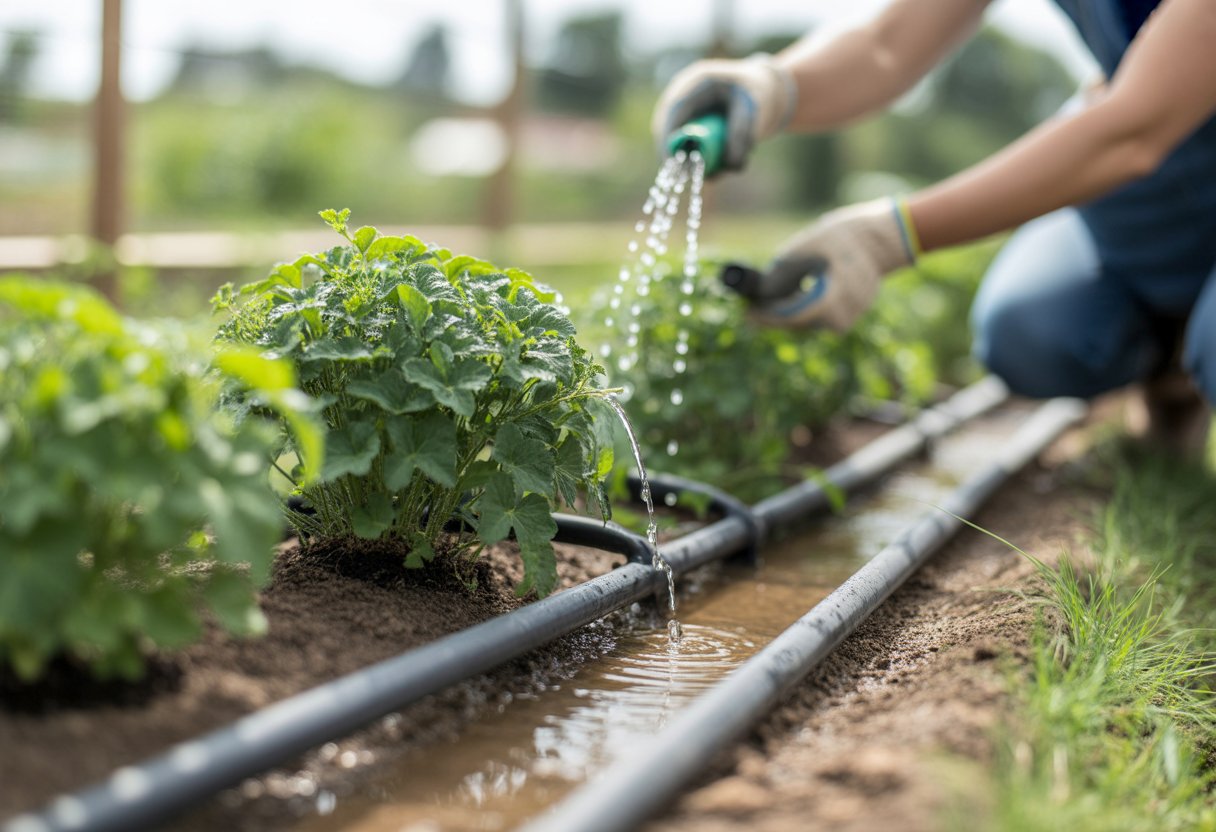 Close-up of green plants being watered with drip irrigation tubes in a garden, with a person adjusting the system.