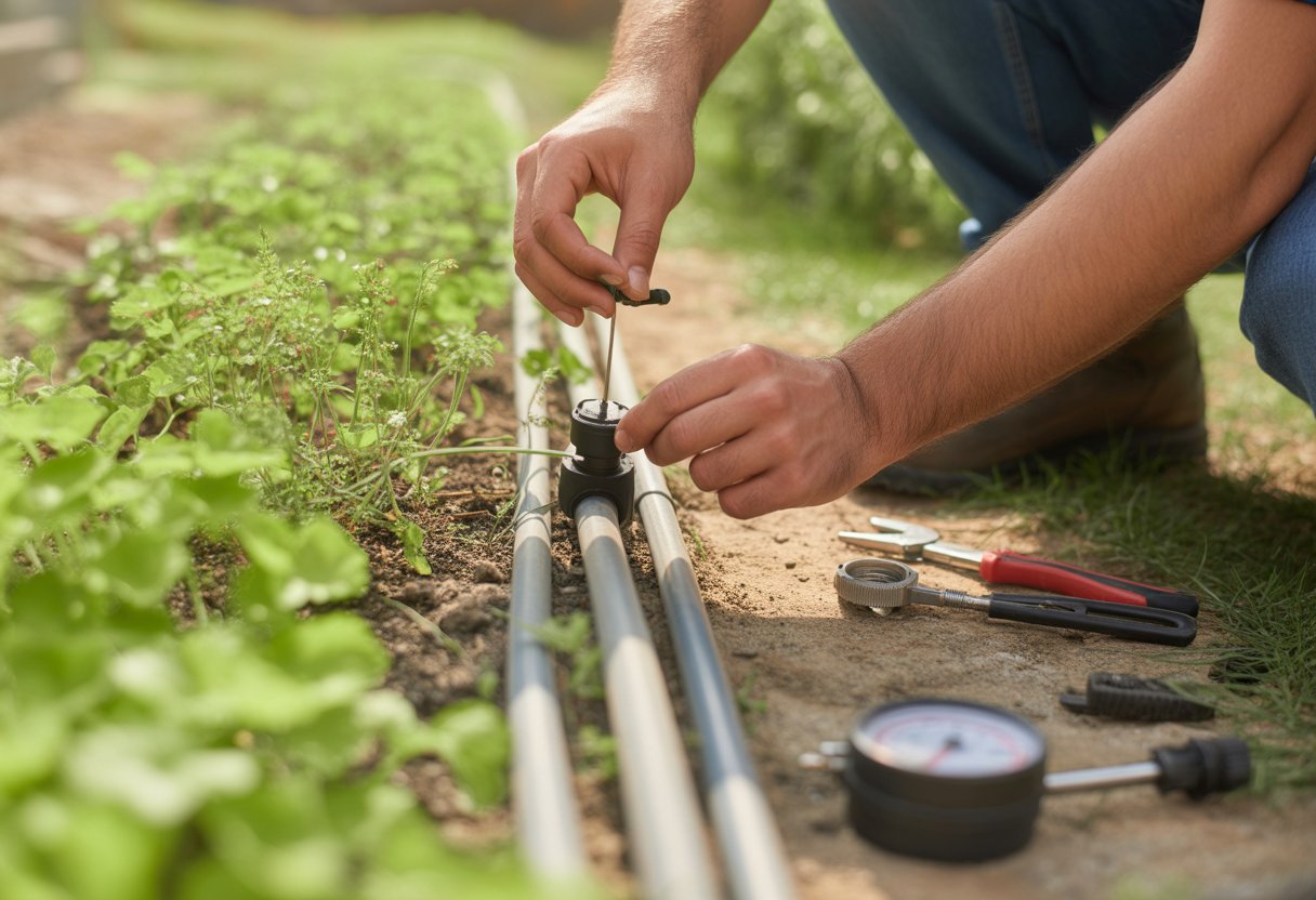 Person adjusting drip irrigation tubing and emitters in a garden with green plants and soil.