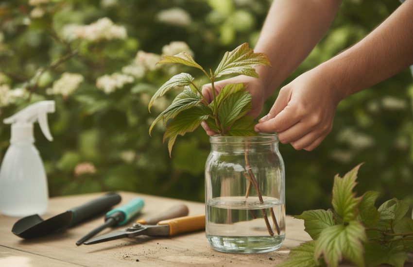Close-up of hands placing viburnum cuttings into a glass jar of water on a wooden table with gardening tools nearby and a garden background.