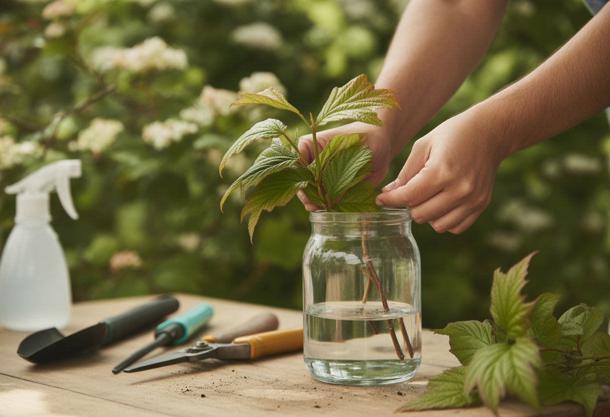 Close-up of hands placing viburnum cuttings into a glass jar of water on a wooden table with gardening tools nearby and a garden background.