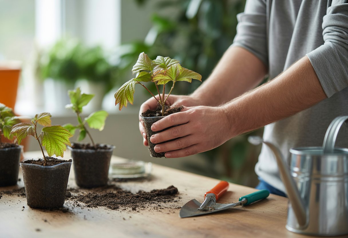 Hands caring for newly propagated Viburnum cuttings in small pots with gardening tools on a wooden table.