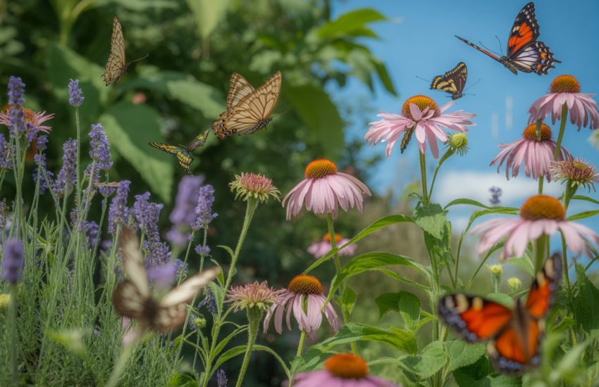 A garden with colorful flowers and several butterflies flying among them.