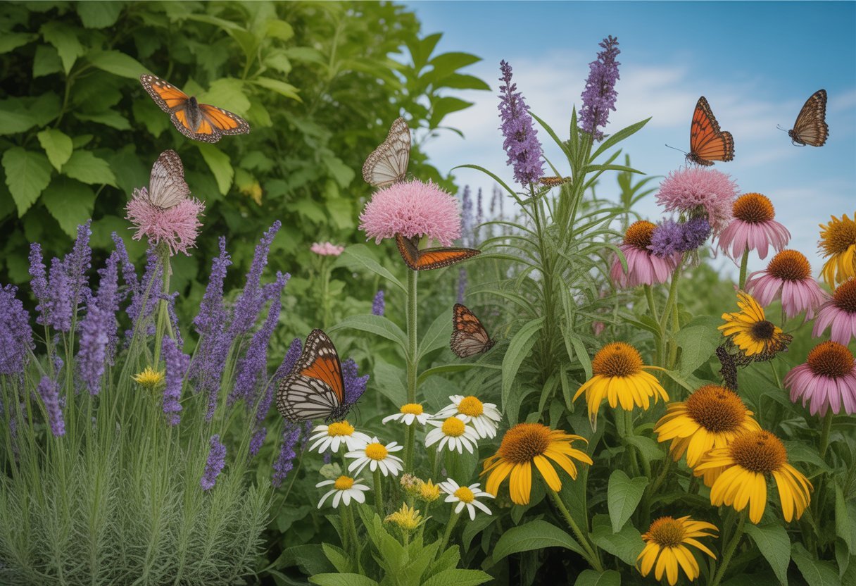 A garden filled with colorful flowers attracting several butterflies resting and flying among the blooms.