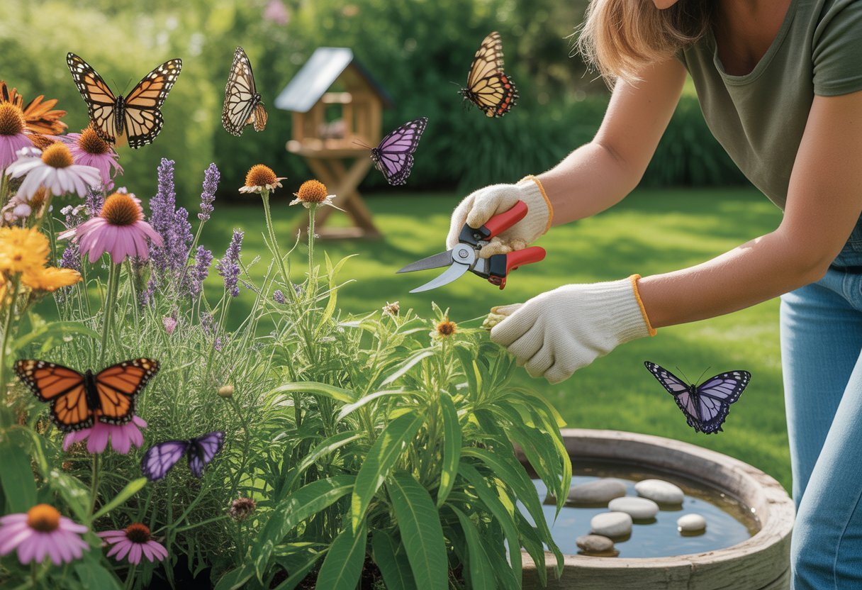A gardener tending a colorful flower garden filled with butterflies fluttering among the plants.