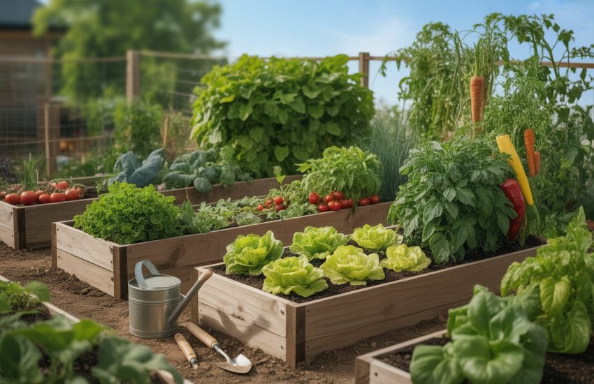 Raised wooden garden beds filled with growing vegetables like tomatoes, lettuce, and carrots in a sunny outdoor garden.