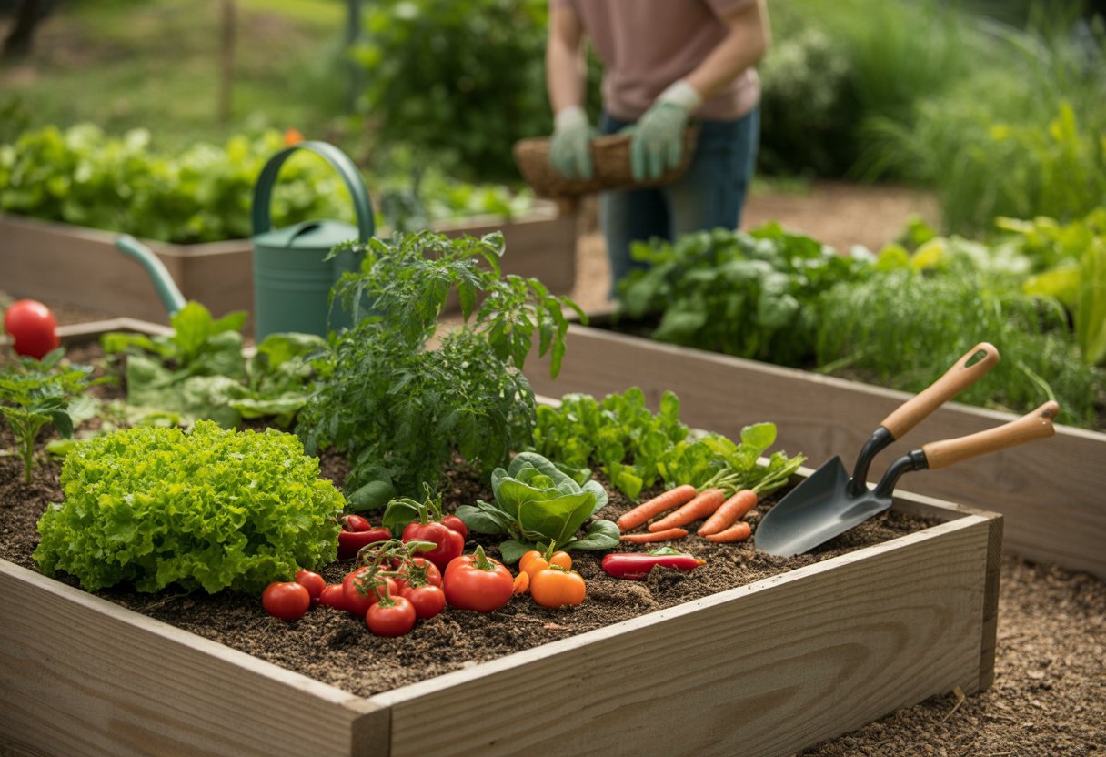 Growing Vegetables in Raised Beds for Optimal Yield and Easy Maintenance - PlantNative.org A vegetable garden with raised wooden beds filled with various healthy vegetables and a gardener tending to the plants.