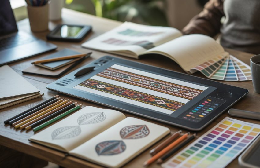 A workspace with a digital tablet showing colorful native border designs, surrounded by art supplies and sketchbooks.