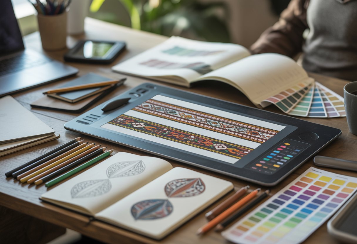 A workspace with a digital tablet showing colorful native border designs, surrounded by art supplies and sketchbooks.