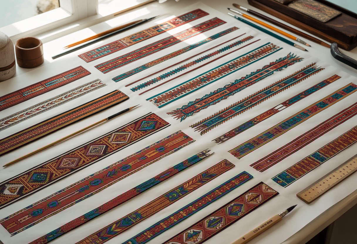 A collection of detailed native border patterns arranged on a white surface with art tools nearby.