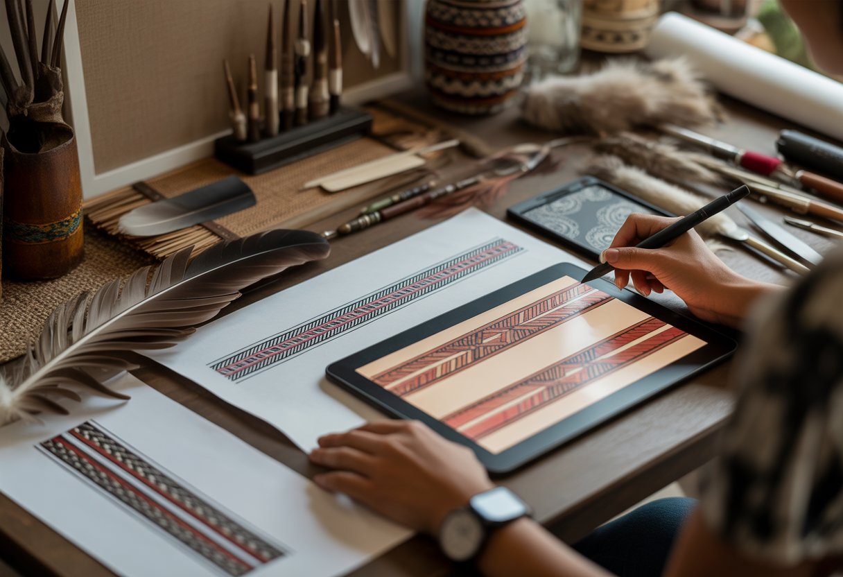 A workspace with sketches and tools for creating native-inspired border designs, featuring a person drawing detailed patterns.