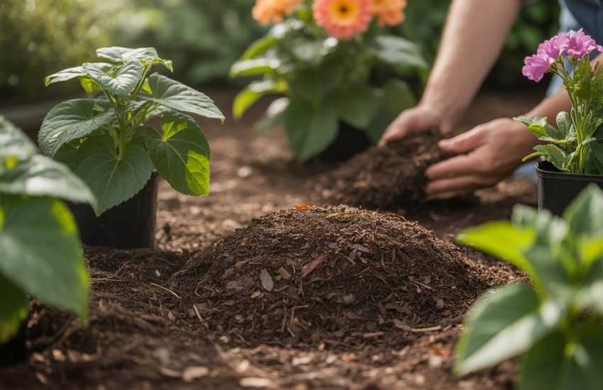 Close-up of dark crumbly leaf mold soil being spread around healthy green plants in a garden.
