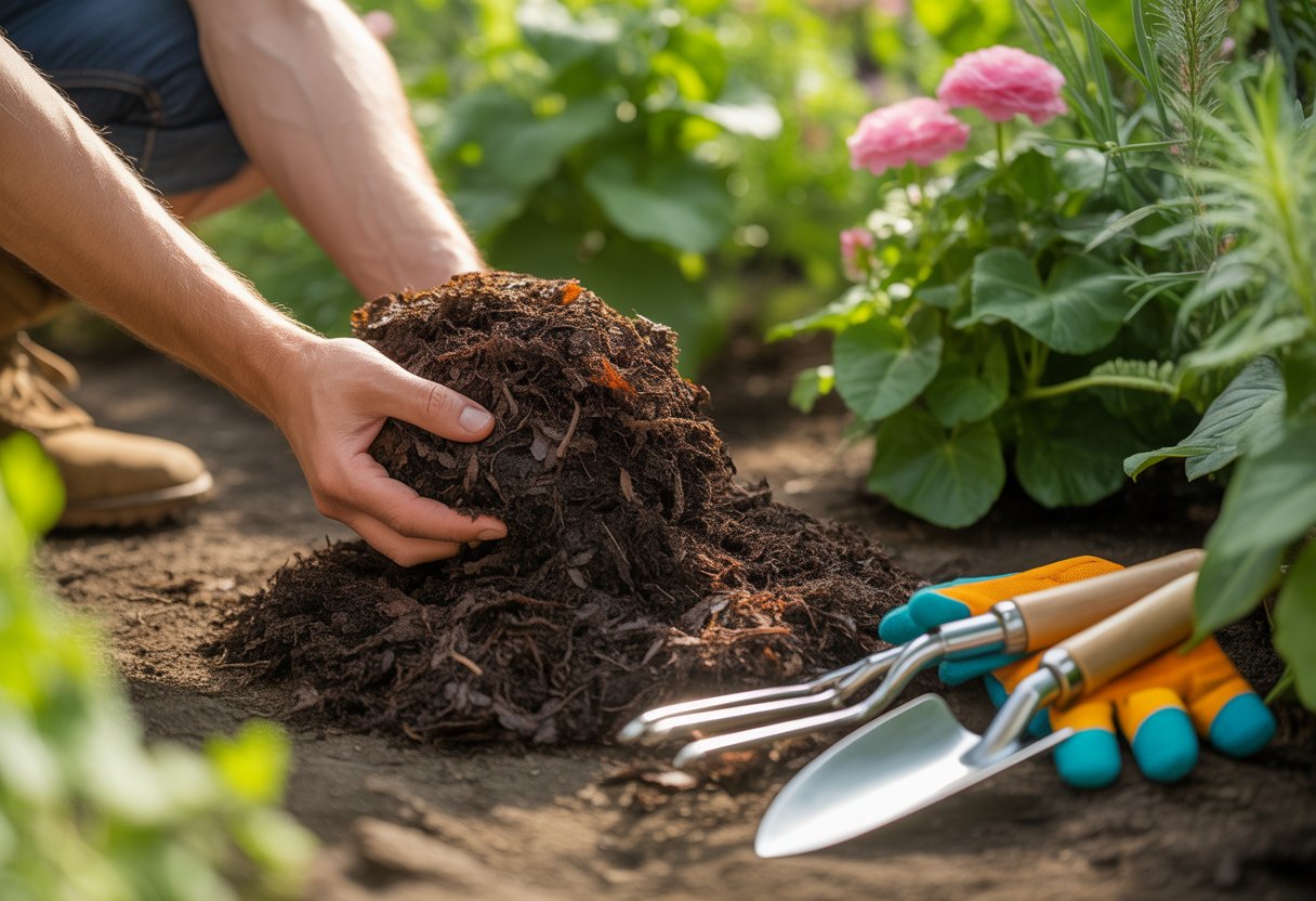 Leaf Mold Benefits for Gardens: Enhancing Soil Health and Plant Growth - PlantNative.org Hands holding dark leaf mold compost in a garden with green plants and gardening tools nearby.