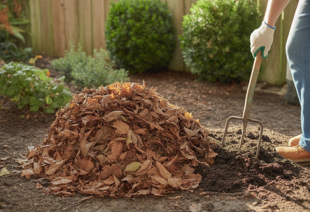 Leaf Mold Benefits for Gardens: Enhancing Soil Health and Plant Growth - PlantNative.org A gardener turning a pile of decomposing autumn leaves in a compost bin surrounded by healthy garden plants.