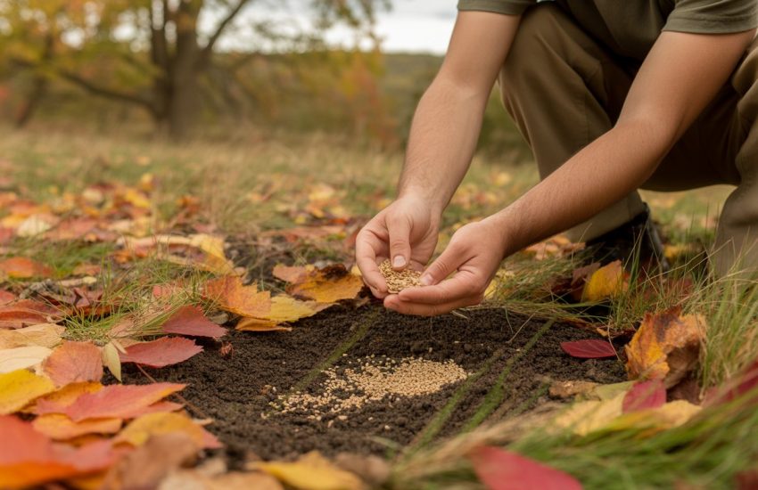 Hands sowing native seeds into soil surrounded by autumn leaves in a fall outdoor setting.