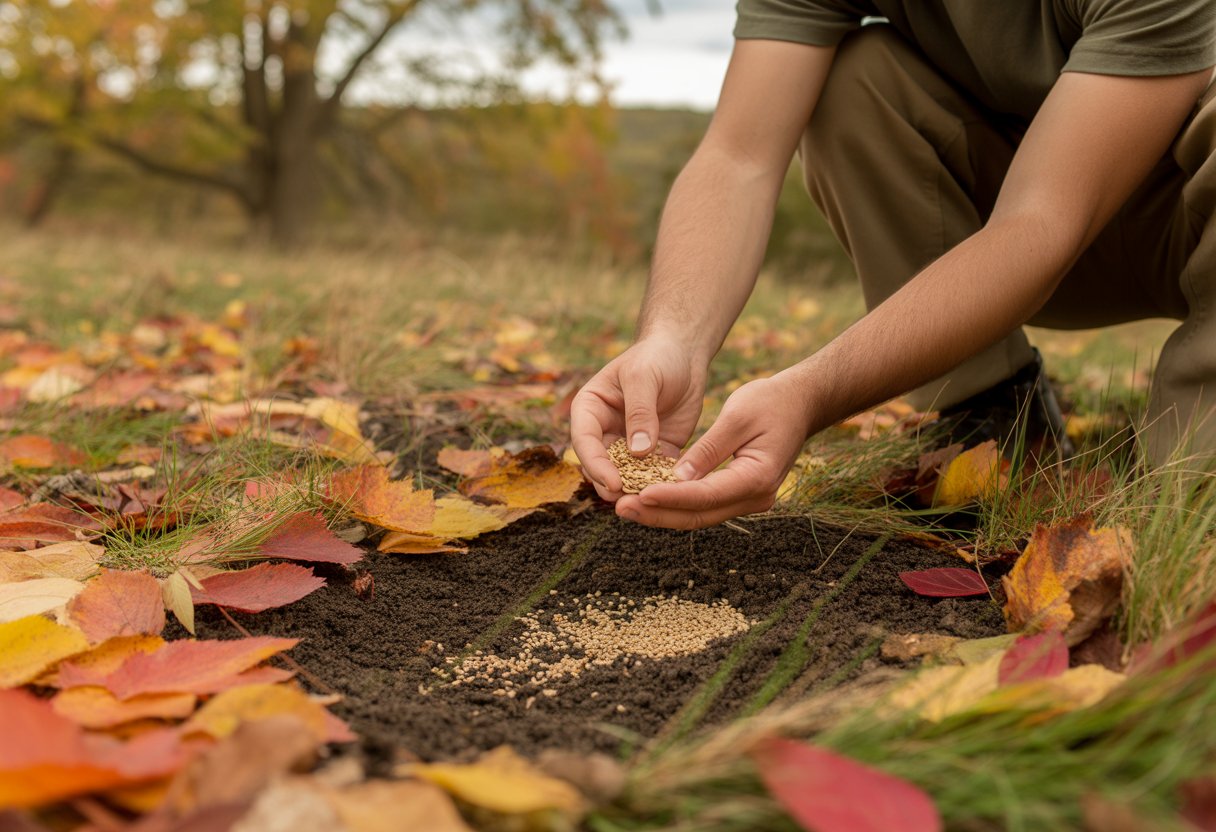 Hands sowing native seeds into soil surrounded by autumn leaves in a fall outdoor setting.