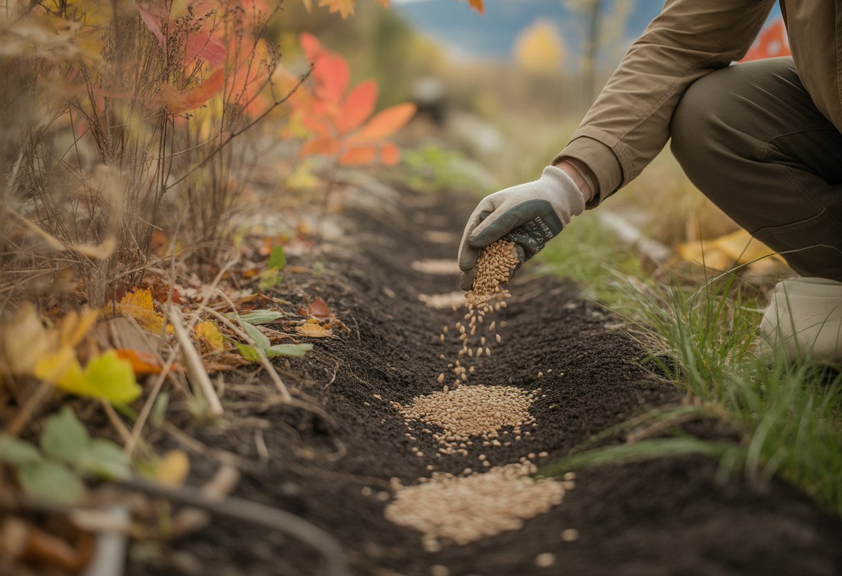 A person sowing native seeds onto freshly prepared soil in a fall landscape with colorful autumn leaves and native plants.