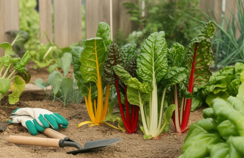 A garden bed with healthy Swiss chard plants showing colorful stems and green leaves, surrounded by soil and gardening tools.