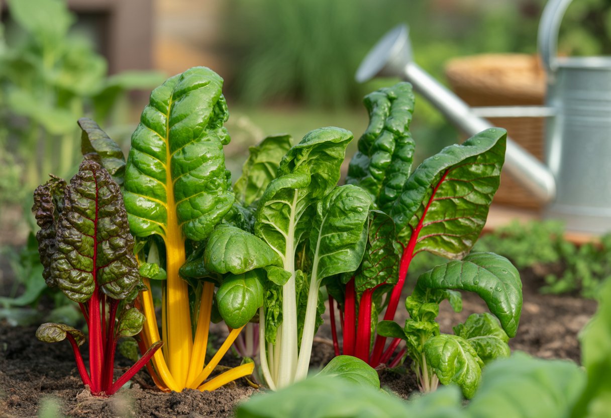How to Grow Chard Successfully in Any Garden Environment - PlantNative.org A garden bed with healthy Swiss chard plants showing large green leaves and colorful stems under sunlight.