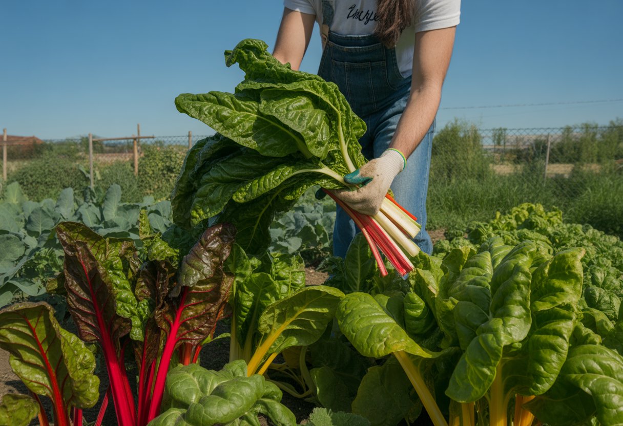 How to Grow Chard Successfully in Any Garden Environment - PlantNative.org Person harvesting fresh Swiss chard leaves in a garden with rows of healthy plants under clear sky.