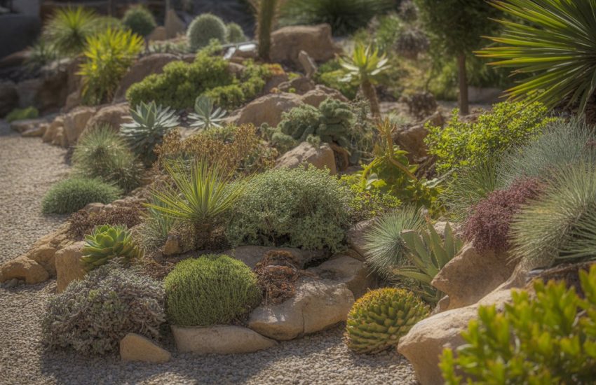A rock garden with drought-tolerant plants and natural rocks arranged outdoors under sunlight.