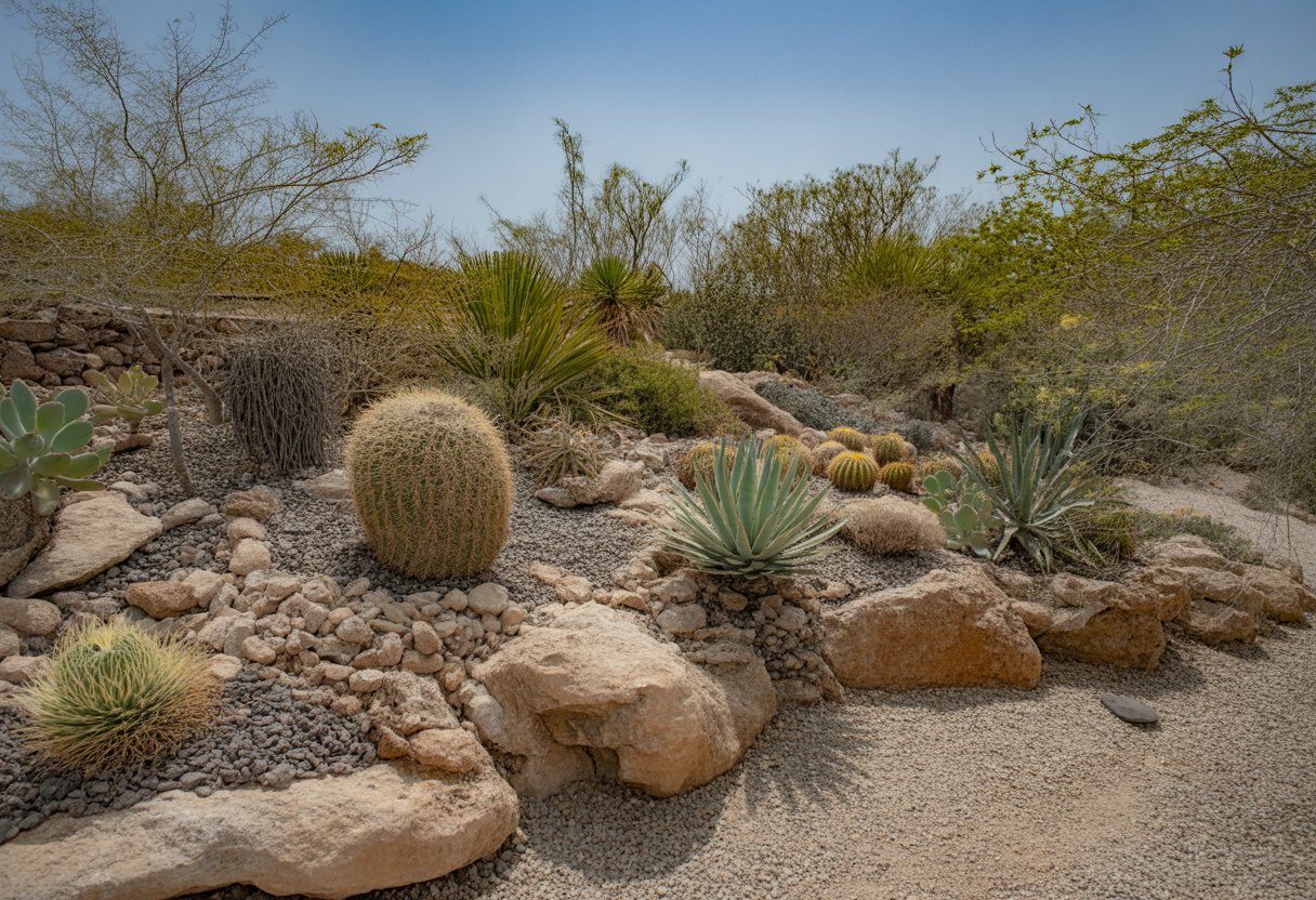 Rock Garden Plants for Dry Sites Ideal for Low-Maintenance Landscapes - PlantNative.org A well-maintained rock garden with drought-tolerant plants and natural rocks in a dry, arid outdoor setting.
