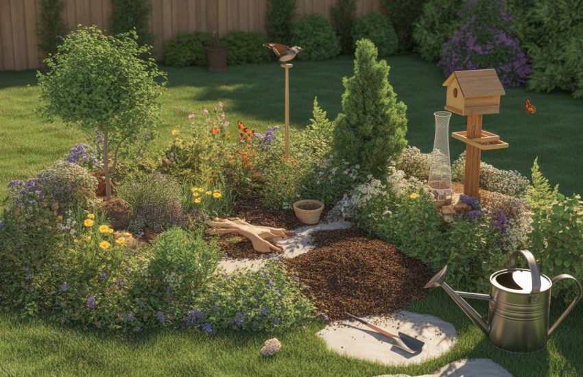 A backyard garden with native plants, a birdhouse, butterfly feeder, gardening tools, and butterflies and birds among the flowers.