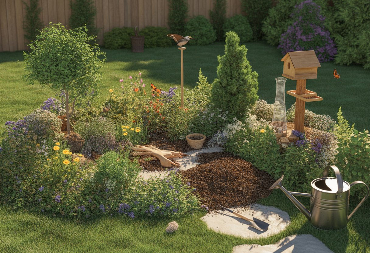 A backyard garden with native plants, a birdhouse, butterfly feeder, gardening tools, and butterflies and birds among the flowers.