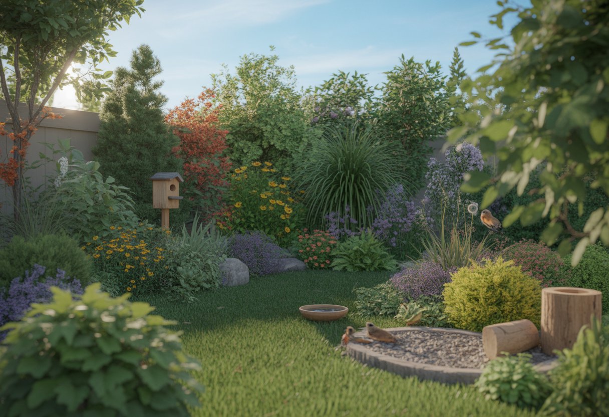 A backyard garden with native plants, flowers, a birdhouse, birdbath, and natural elements creating a habitat for birds and insects.