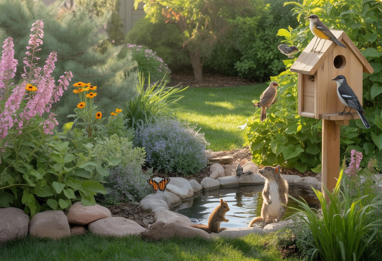 A backyard garden with native plants, a birdhouse, a butterfly on a flower, a squirrel near water, and sunlight filtering through trees.
