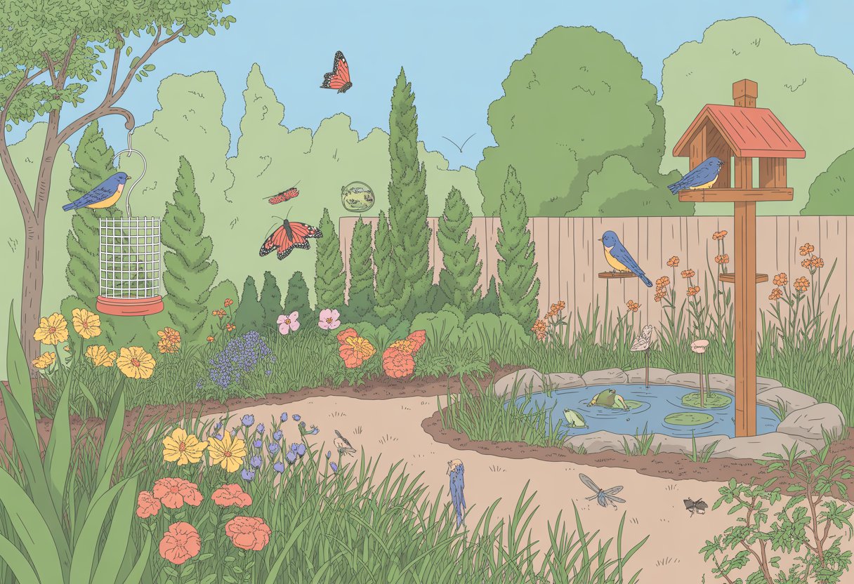 A backyard garden with native plants, a bird feeder, birds, butterflies, and a small pond attracting wildlife.