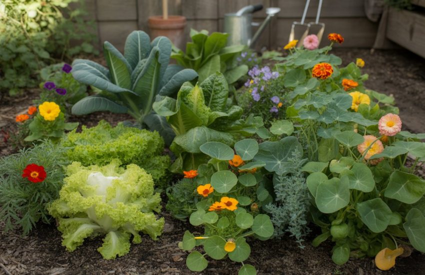 A garden bed with various vegetables and flowers growing together, showing healthy green plants and colorful blooms.