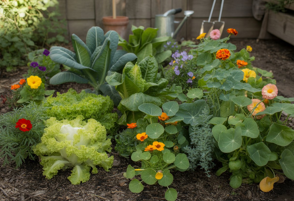 A garden bed with various vegetables and flowers growing together, showing healthy green plants and colorful blooms.