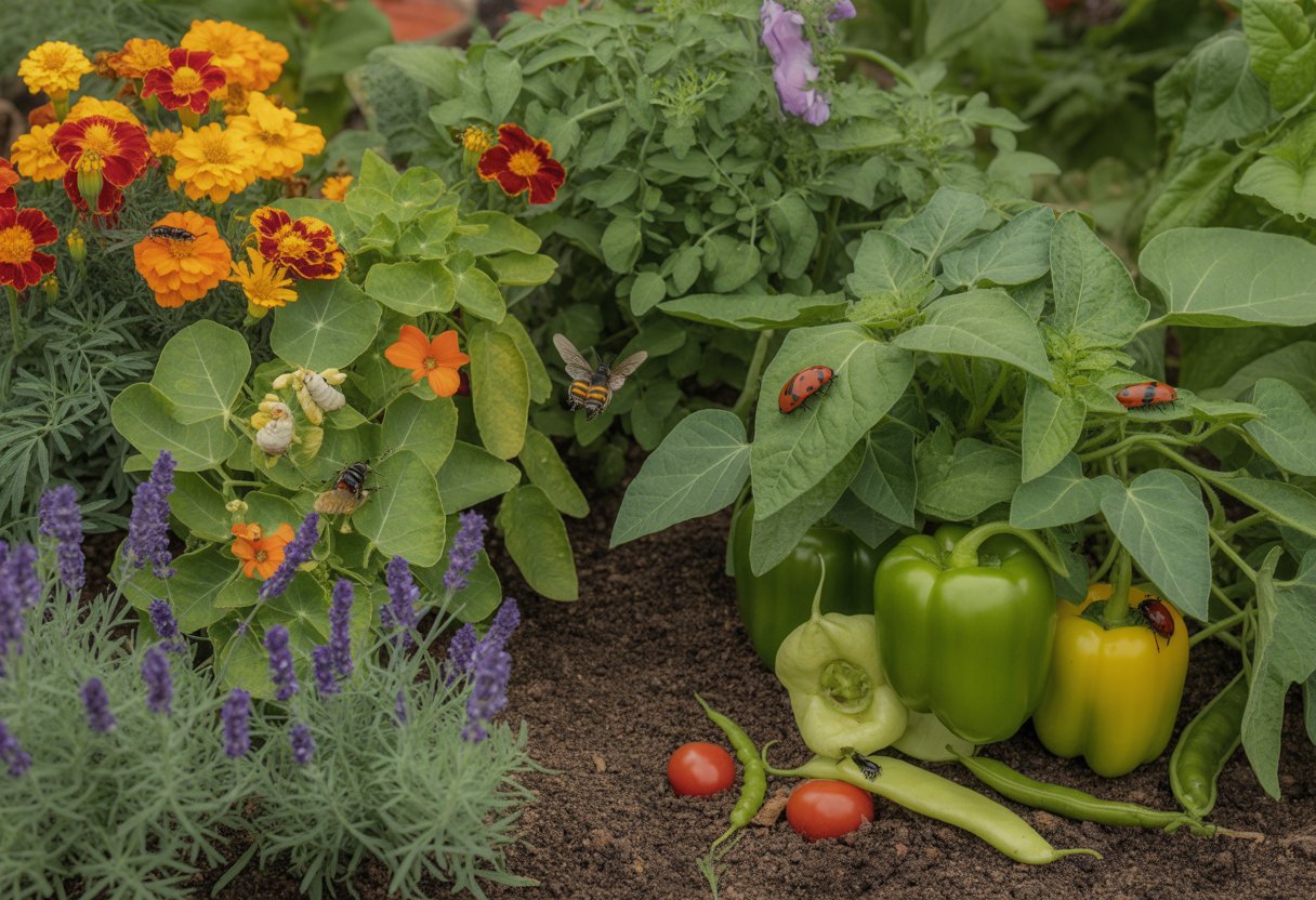 A garden bed with flowers and vegetables growing together, with bees and ladybugs on the plants.