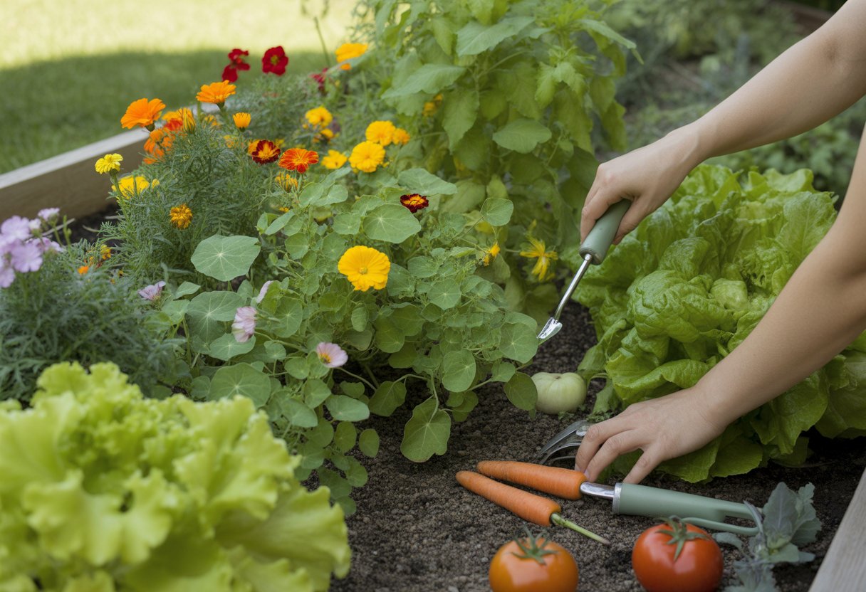 A garden bed with colorful flowers and vegetables growing together, with hands tending to the plants.