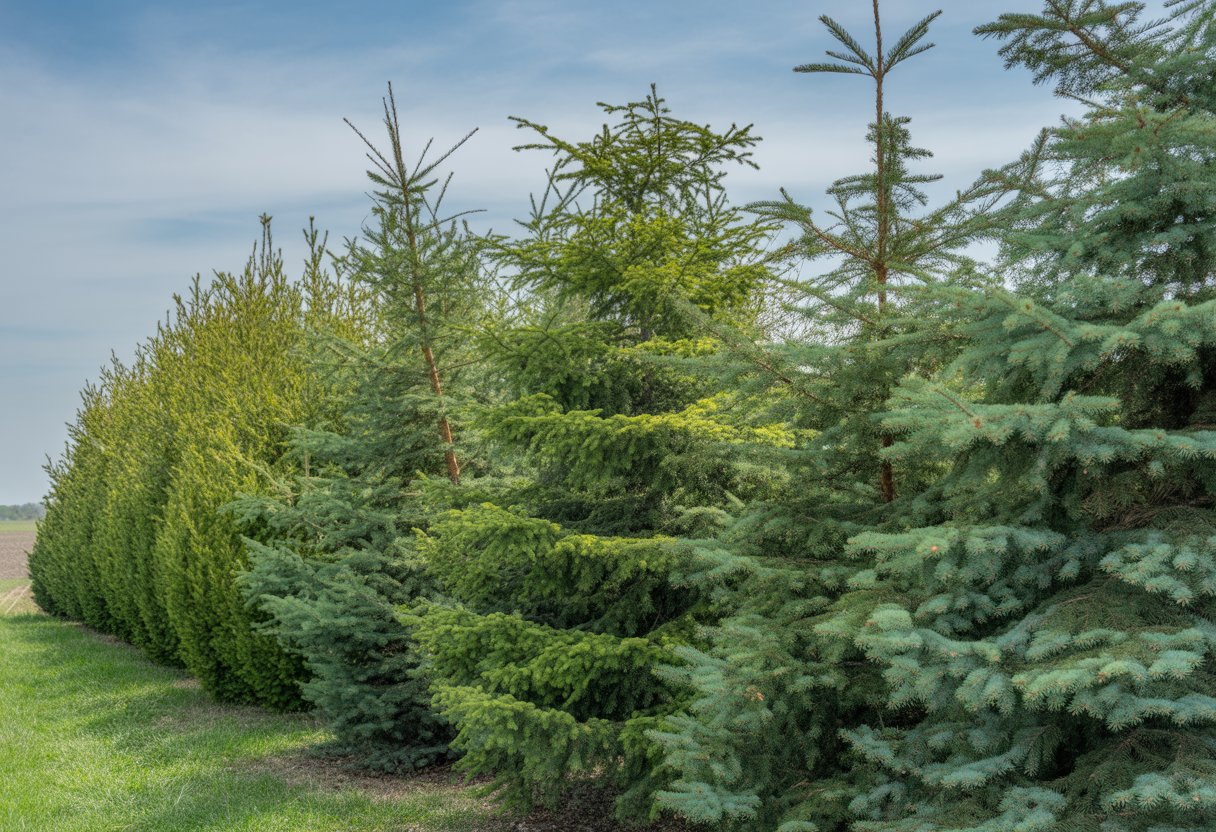 A row of tall, green evergreen trees forming a natural windbreak with a grassy field and clear sky in the background.