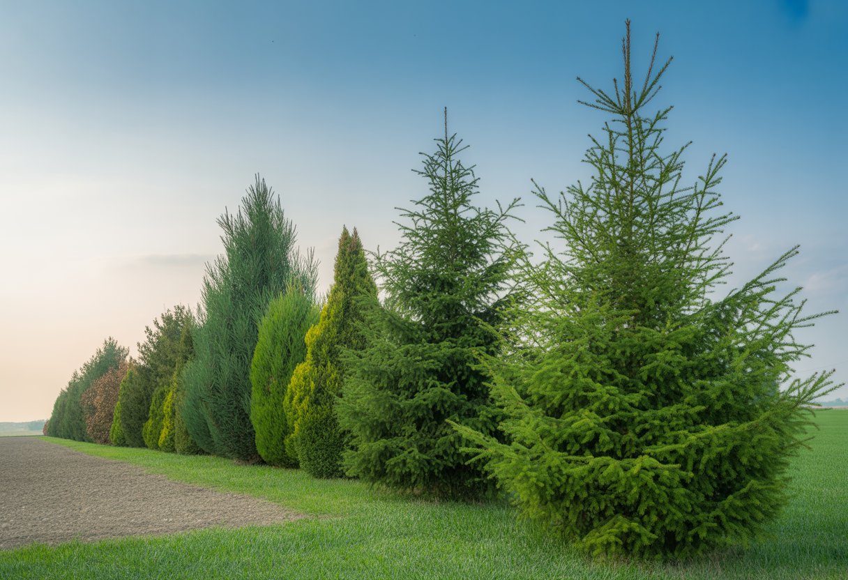 A row of healthy evergreen trees forming a windbreak along the edge of an open farmland under a clear blue sky.