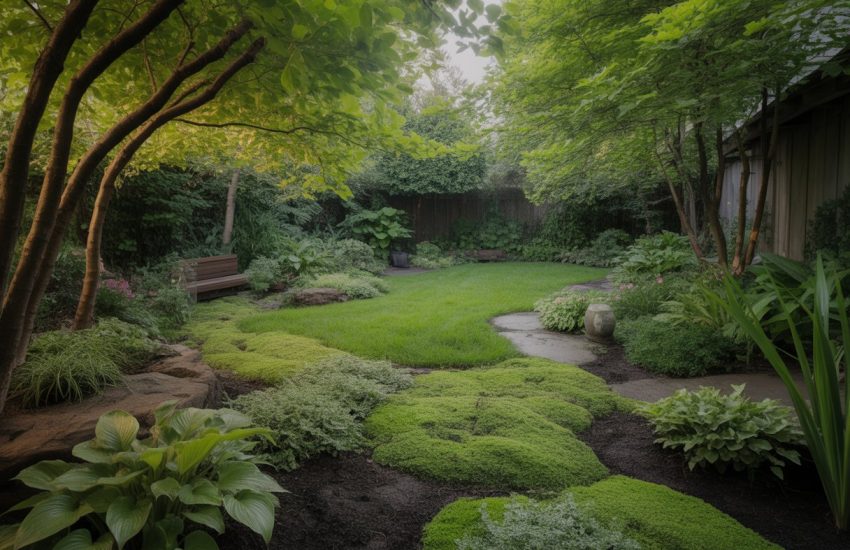 A shady backyard with shade-tolerant plants, stone pathways, and trees creating a green, inviting garden space.